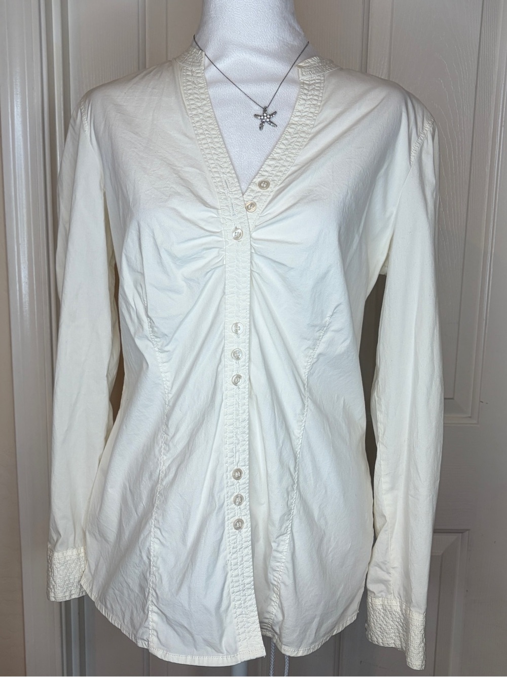 Style & Co White Ruched Button-Up Blouse Size 10